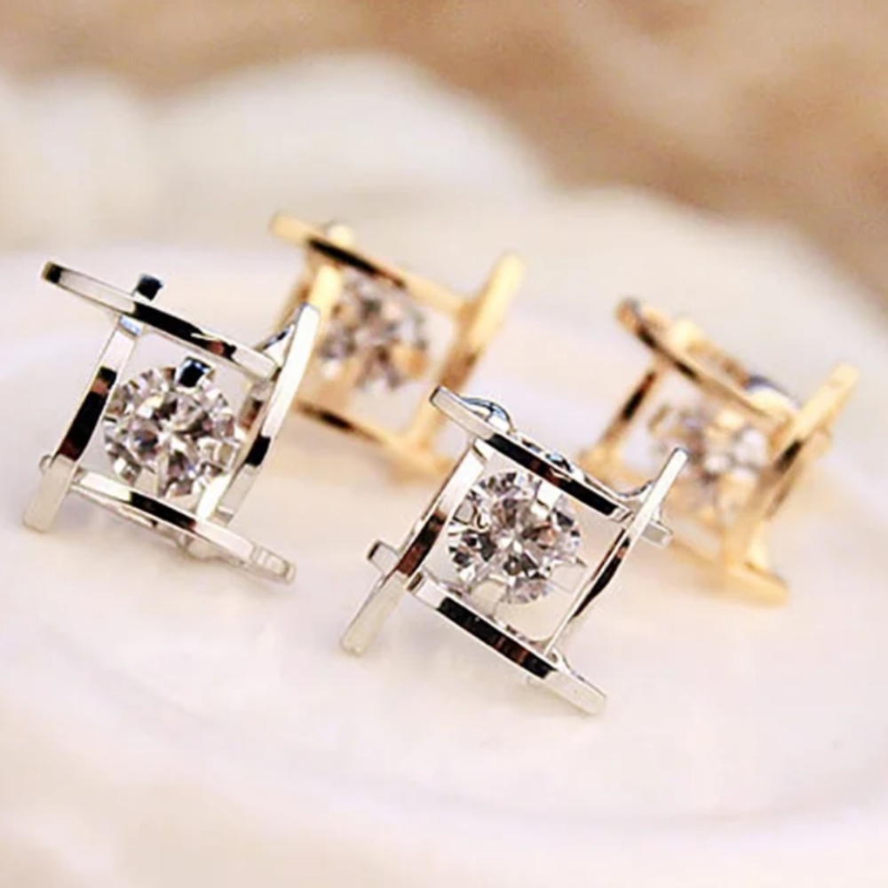 NEW 3D Caged Round Solitaire Diamond Stud Earrings
